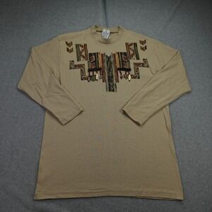 Vintage KWBL T Shirt Womens XL One Size Tan Southwestern Beaded Long Sleeve USA